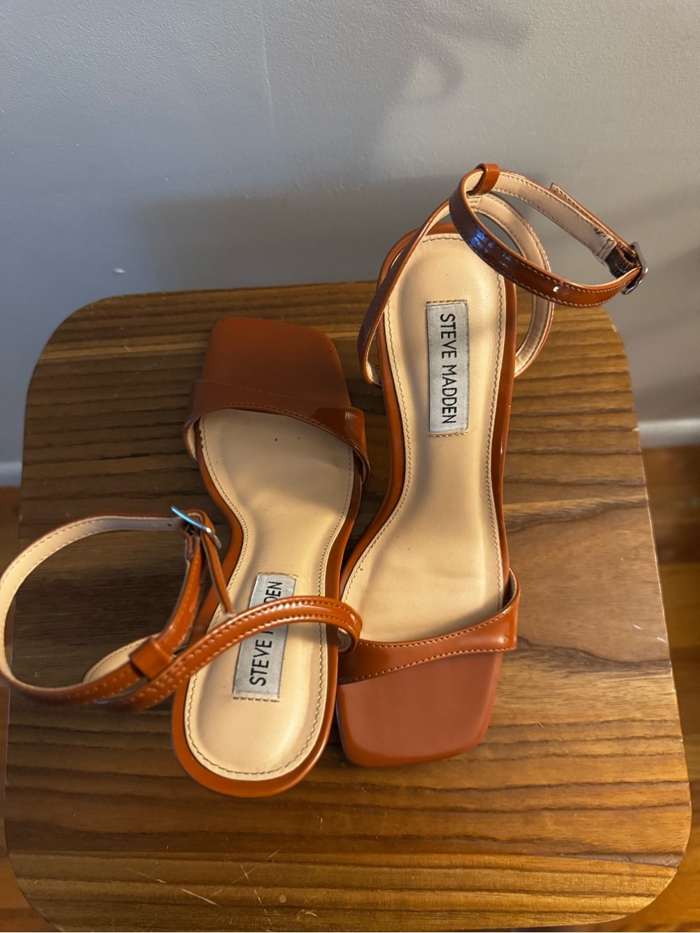 Steve Madden Cognac Brown Square-Toe Ankle Strap Heels